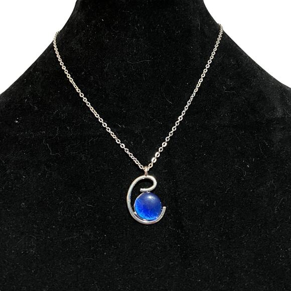 Vintage Silver-Tone Swirl Pendant Necklace – Blue Cabochon Stone - Picture 1 of 9